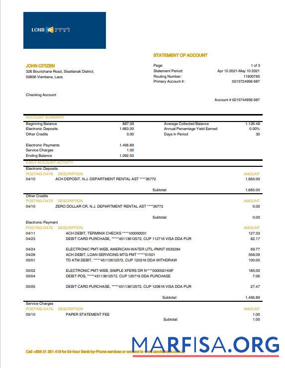 Realistic Laos LCNB bank statement word.1 template